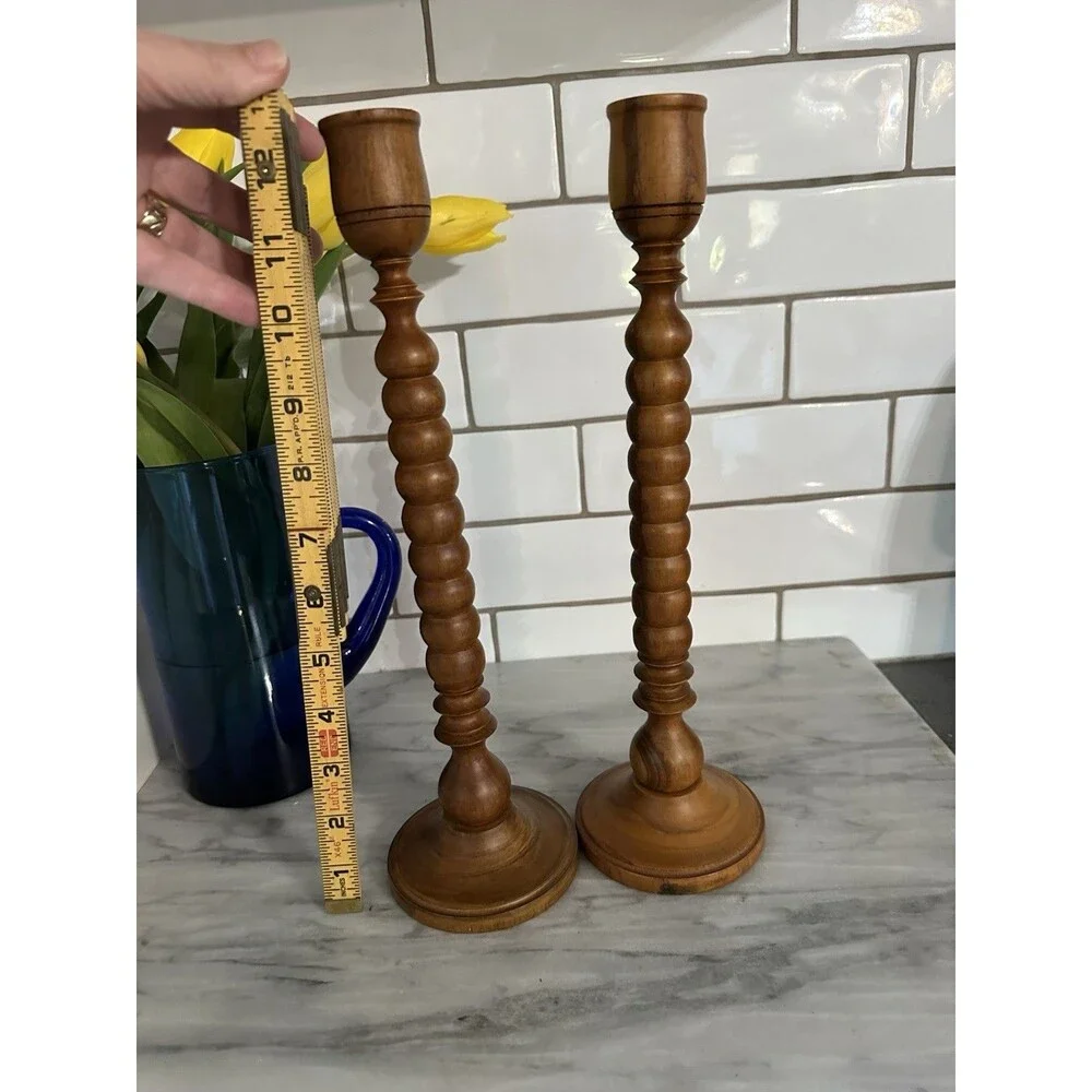 Vintage Wood Turned  Victorian Style Spindle Candlestick Holders Set 2 Indonesia